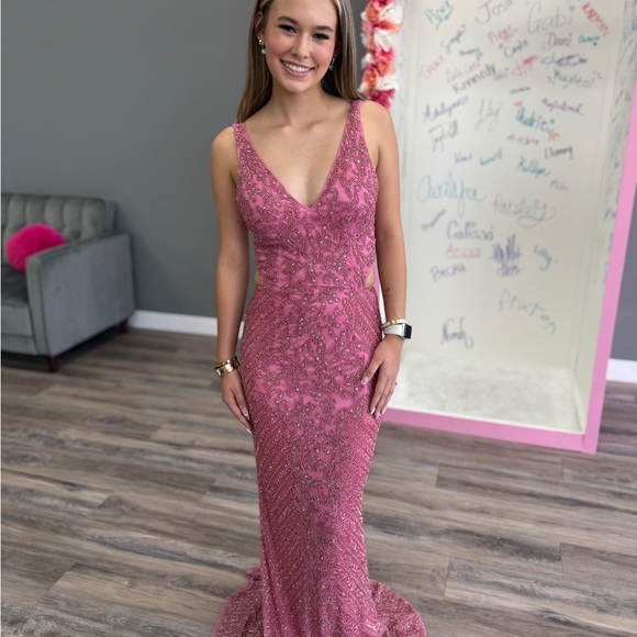 Primavera Couture Pink Beaded Prom Dress